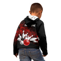 Red Bowling Ball and Pins Design Kid Hoodie with Fiery Smoke Background and Custom Team Name Text - Wonder Print Shop