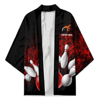 Red Bowling Ball and Pins Design Kimono with Fiery Smoke Background and Custom Team Name Text - Wonder Print Shop