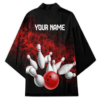Red Bowling Ball and Pins Design Kimono with Fiery Smoke Background and Custom Team Name Text - Wonder Print Shop