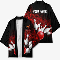 Red Bowling Ball and Pins Design Kimono with Fiery Smoke Background and Custom Team Name Text - Wonder Print Shop