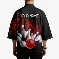 Red Bowling Ball and Pins Design Kimono with Fiery Smoke Background and Custom Team Name Text - Wonder Print Shop