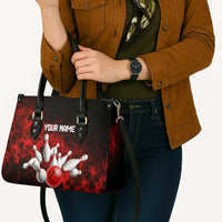 Red Bowling Ball and Pins Design Leather Bag with Fiery Smoke Background and Custom Team Name Text - Wonder Print Shop
