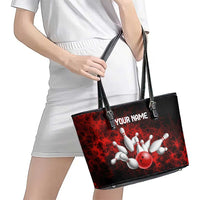 Red Bowling Ball and Pins Design Leather Tote Bag with Fiery Smoke Background and Custom Team Name Text - Wonder Print Shop