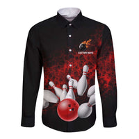 Red Bowling Ball and Pins Design Long Sleeve Button Shirt with Fiery Smoke Background and Custom Team Name Text - Wonder Print Shop