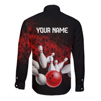 Red Bowling Ball and Pins Design Long Sleeve Button Shirt with Fiery Smoke Background and Custom Team Name Text - Wonder Print Shop