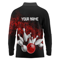 Red Bowling Ball and Pins Design Long Sleeve Polo Shirt with Fiery Smoke Background and Custom Team Name Text - Wonder Print Shop