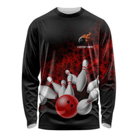 Red Bowling Ball and Pins Design Long Sleeve Shirt with Fiery Smoke Background and Custom Team Name Text - Wonder Print Shop