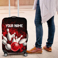 Red Bowling Ball and Pins Design Luggage Cover with Fiery Smoke Background and Custom Team Name Text - Wonder Print Shop