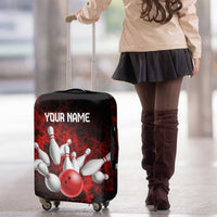 Red Bowling Ball and Pins Design Luggage Cover with Fiery Smoke Background and Custom Team Name Text - Wonder Print Shop