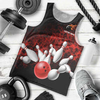 Red Bowling Ball and Pins Design Men Tank Top with Fiery Smoke Background and Custom Team Name Text - Wonder Print Shop