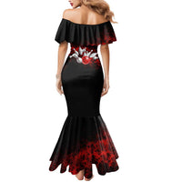 Red Bowling Ball and Pins Design Mermaid Dress with Fiery Smoke Background and Custom Team Name Text - Wonder Print Shop