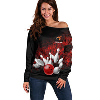 Red Bowling Ball and Pins Design Off Shoulder Sweater with Fiery Smoke Background and Custom Team Name Text - Wonder Print Shop