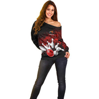Red Bowling Ball and Pins Design Off Shoulder Sweater with Fiery Smoke Background and Custom Team Name Text - Wonder Print Shop