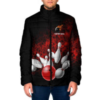 Red Bowling Ball and Pins Design Padded Jacket with Fiery Smoke Background and Custom Team Name Text - Wonder Print Shop