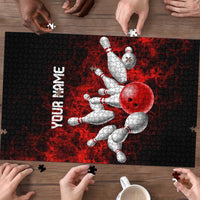 Red Bowling Ball and Pins Design Puzzle with Fiery Smoke Background and Custom Team Name Text - Wonder Print Shop