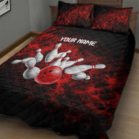 Red Bowling Ball and Pins Design Quilt Bed Set with Fiery Smoke Background and Custom Team Name Text - Wonder Print Shop