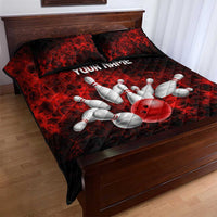 Red Bowling Ball and Pins Design Quilt Bed Set with Fiery Smoke Background and Custom Team Name Text - Wonder Print Shop