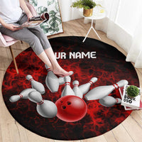 Red Bowling Ball and Pins Design Round Carpet with Fiery Smoke Background and Custom Team Name Text - Wonder Print Shop