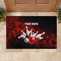 Red Bowling Ball and Pins Design Rubber Doormat with Fiery Smoke Background and Custom Team Name Text - Wonder Print Shop