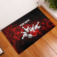 Red Bowling Ball and Pins Design Rubber Doormat with Fiery Smoke Background and Custom Team Name Text - Wonder Print Shop