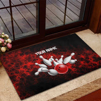 Red Bowling Ball and Pins Design Rubber Doormat with Fiery Smoke Background and Custom Team Name Text - Wonder Print Shop