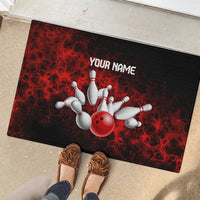 Red Bowling Ball and Pins Design Rubber Doormat with Fiery Smoke Background and Custom Team Name Text - Wonder Print Shop