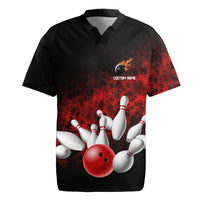 Red Bowling Ball and Pins Design Rugby Jersey with Fiery Smoke Background and Custom Team Name Text - Wonder Print Shop