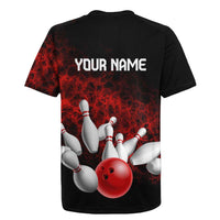 Red Bowling Ball and Pins Design Rugby Jersey with Fiery Smoke Background and Custom Team Name Text - Wonder Print Shop