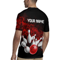 Red Bowling Ball and Pins Design Rugby Jersey with Fiery Smoke Background and Custom Team Name Text - Wonder Print Shop