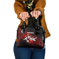 Red Bowling Ball and Pins Design Shoulder Handbag with Fiery Smoke Background and Custom Team Name Text - Wonder Print Shop