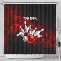 Red Bowling Ball and Pins Design Shower Curtain with Fiery Smoke Background and Custom Team Name Text - Wonder Print Shop