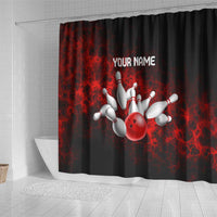Red Bowling Ball and Pins Design Shower Curtain with Fiery Smoke Background and Custom Team Name Text - Wonder Print Shop