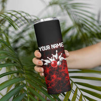 Red Bowling Ball and Pins Design Skinny Tumbler with Fiery Smoke Background and Custom Team Name Text - Wonder Print Shop