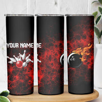 Red Bowling Ball and Pins Design Skinny Tumbler with Fiery Smoke Background and Custom Team Name Text - Wonder Print Shop