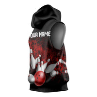 Red Bowling Ball and Pins Design Sleeveless Hoodie with Fiery Smoke Background and Custom Team Name Text - Wonder Print Shop