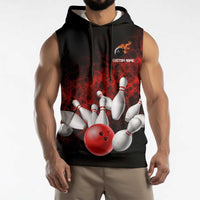 Red Bowling Ball and Pins Design Sleeveless Hoodie with Fiery Smoke Background and Custom Team Name Text - Wonder Print Shop