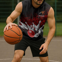 Red Bowling Ball and Pins Design Sleeveless Hoodie with Fiery Smoke Background and Custom Team Name Text - Wonder Print Shop