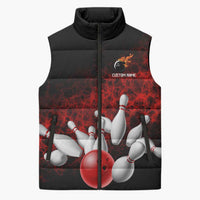 Red Bowling Ball and Pins Design Sleeveless Puffer Jacket with Fiery Smoke Background and Custom Team Name Text - Wonder Print Shop