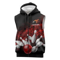 Red Bowling Ball and Pins Design Sleeveless Zip Hoodie with Fiery Smoke Background and Custom Team Name Text - Wonder Print Shop