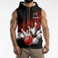 Red Bowling Ball and Pins Design Sleeveless Zip Hoodie with Fiery Smoke Background and Custom Team Name Text - Wonder Print Shop