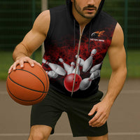 Red Bowling Ball and Pins Design Sleeveless Zip Hoodie with Fiery Smoke Background and Custom Team Name Text - Wonder Print Shop