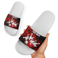 Red Bowling Ball and Pins Design Slide Sandals with Fiery Smoke Background and Custom Team Name Text - Wonder Print Shop
