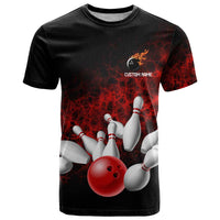 Red Bowling Ball and Pins Design T Shirt with Fiery Smoke Background and Custom Team Name Text - Wonder Print Shop