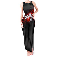 Red Bowling Ball and Pins Design Tank Maxi Dress with Fiery Smoke Background and Custom Team Name Text - Wonder Print Shop