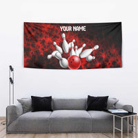 Red Bowling Ball and Pins Design Tapestry with Fiery Smoke Background and Custom Team Name Text - Wonder Print Shop