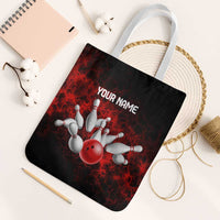 Red Bowling Ball and Pins Design Tote Bag with Fiery Smoke Background and Custom Team Name Text - Wonder Print Shop