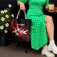 Red Bowling Ball and Pins Design Tote Bag with Fiery Smoke Background and Custom Team Name Text - Wonder Print Shop