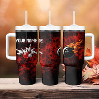 Red Bowling Ball and Pins Design Tumbler With Handle with Fiery Smoke Background and Custom Team Name Text - Wonder Print Shop