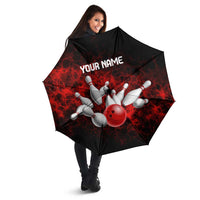 Red Bowling Ball and Pins Design Umbrella with Fiery Smoke Background and Custom Team Name Text - Wonder Print Shop