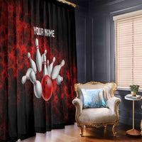 Red Bowling Ball and Pins Design Window Curtain with Fiery Smoke Background and Custom Team Name Text - Wonder Print Shop